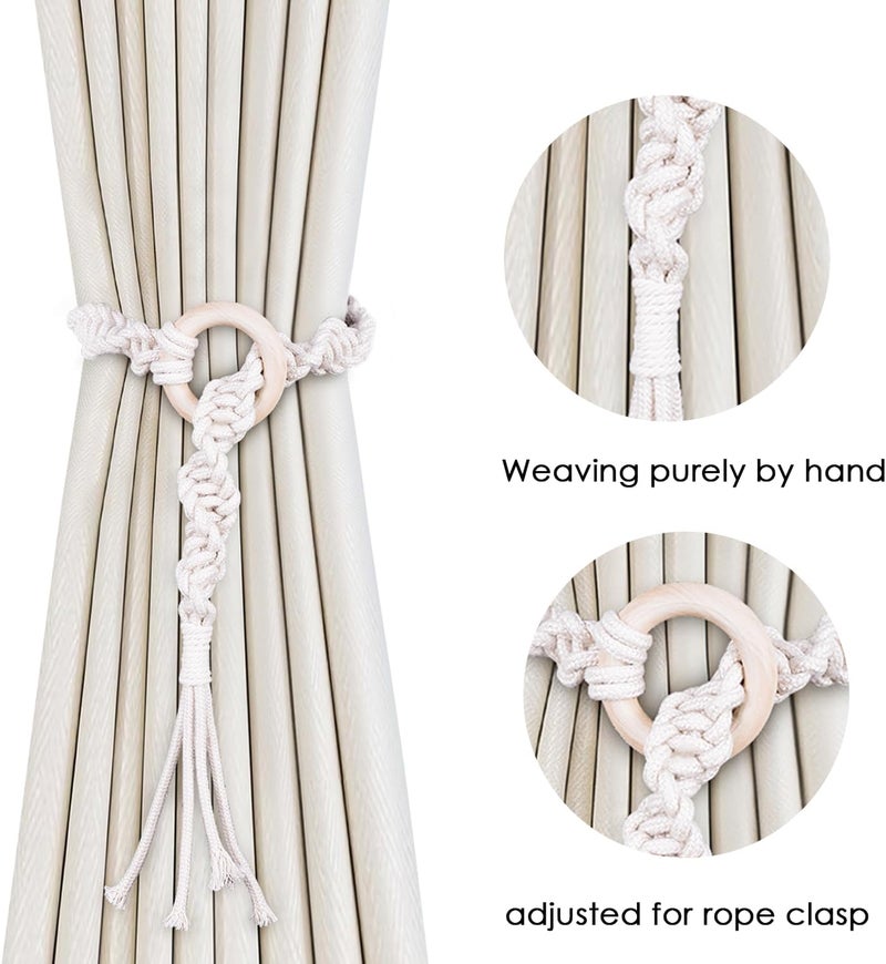 SRG Handmade Boho Curtain Tiebacks Hand Knitting Cotton Curtain Holdbacks with Adjustable Natural Wooden Rings Accessories Wall Decoration for Home Office - Image 3